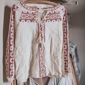 Skies Are Blue Embroidered Boho Cotton Peasant Shirt - M